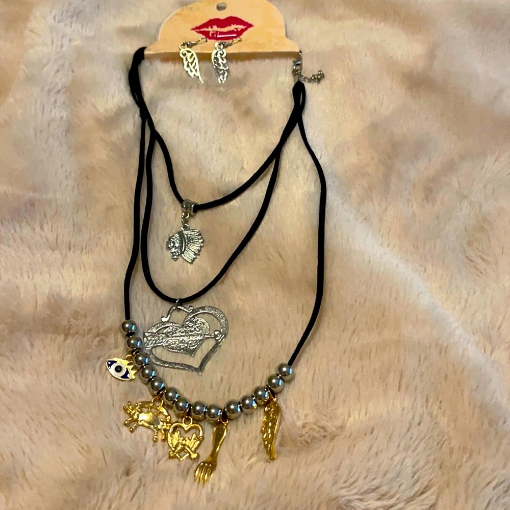 3 layer charm necklace and earrings set